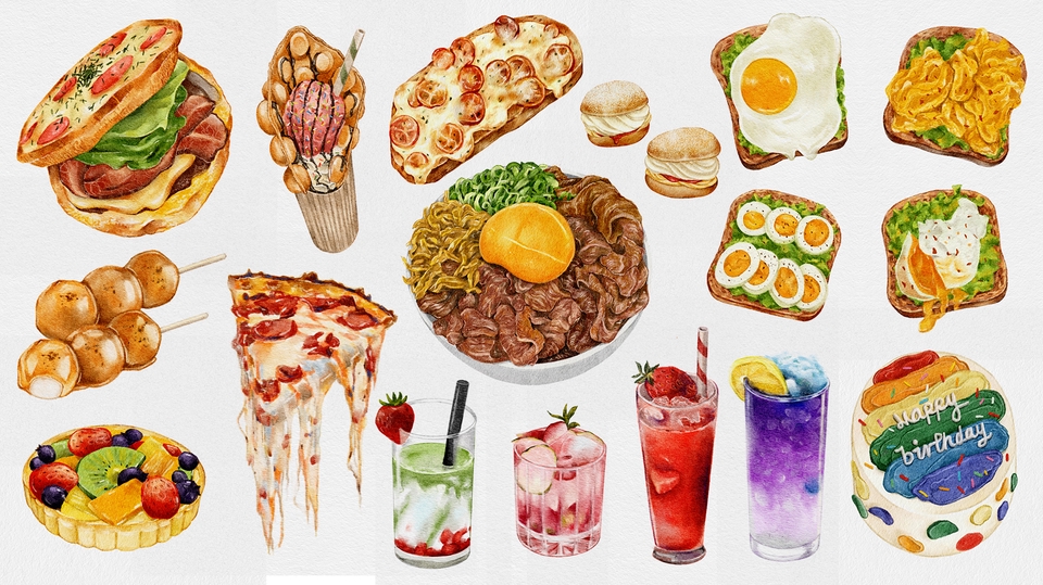 วาดรูปอาหาร วาดภาพประกอบอาหาร เครื่องดื่ม เบเกอรี่ รูปวาดอาหาร สไตล์สีน้ำ